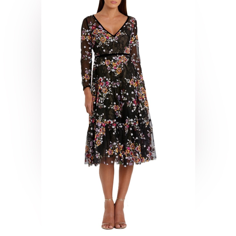Mac Duggal Black Floral Embroidered Tea Length Dress